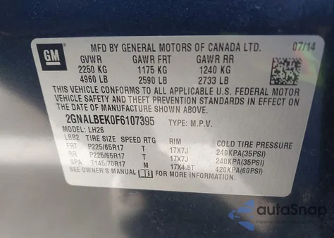 2015 Chevrolet Equinox 1Lt из США, поврежденный, VIN 2GNALBEK0F6107395